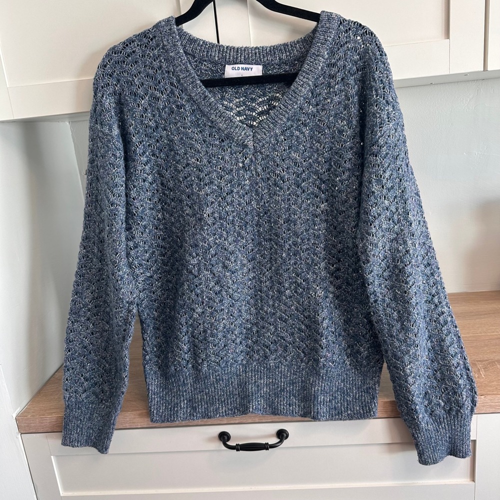 Old Navy V-Neck Pointelle Sweater Women S Spacedye‎ Chevron Open Knit Minimalist